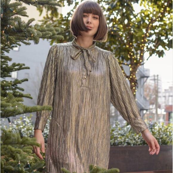 Sabina Musayev Agatha Metallic Gold Long Sleeve Mini Dress Neck Tie Size XXS - Picture 1 of 16